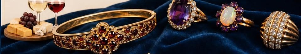 Antique gold bangle and gemstone rings displayed on navy velvet